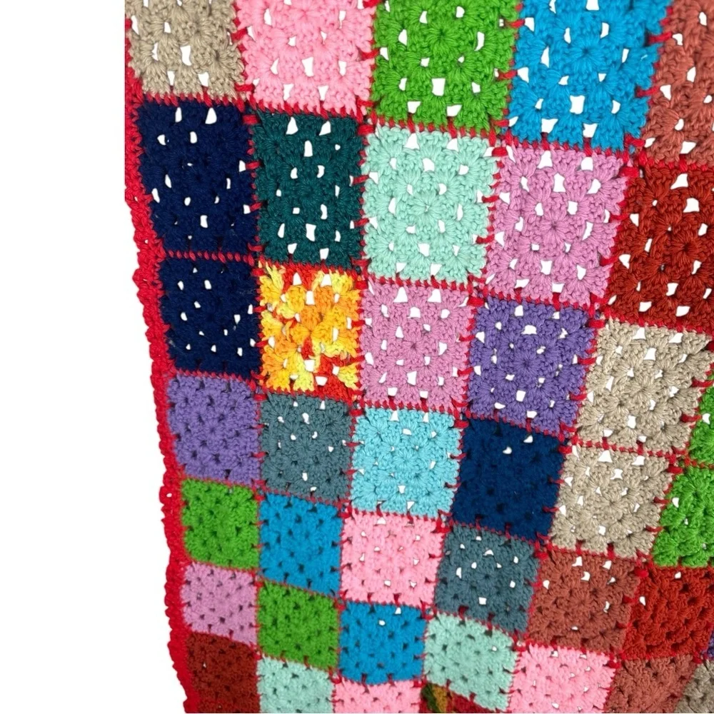Handmade Crochet Afghan Throw Multicolored Granny Square Blanket 43x136